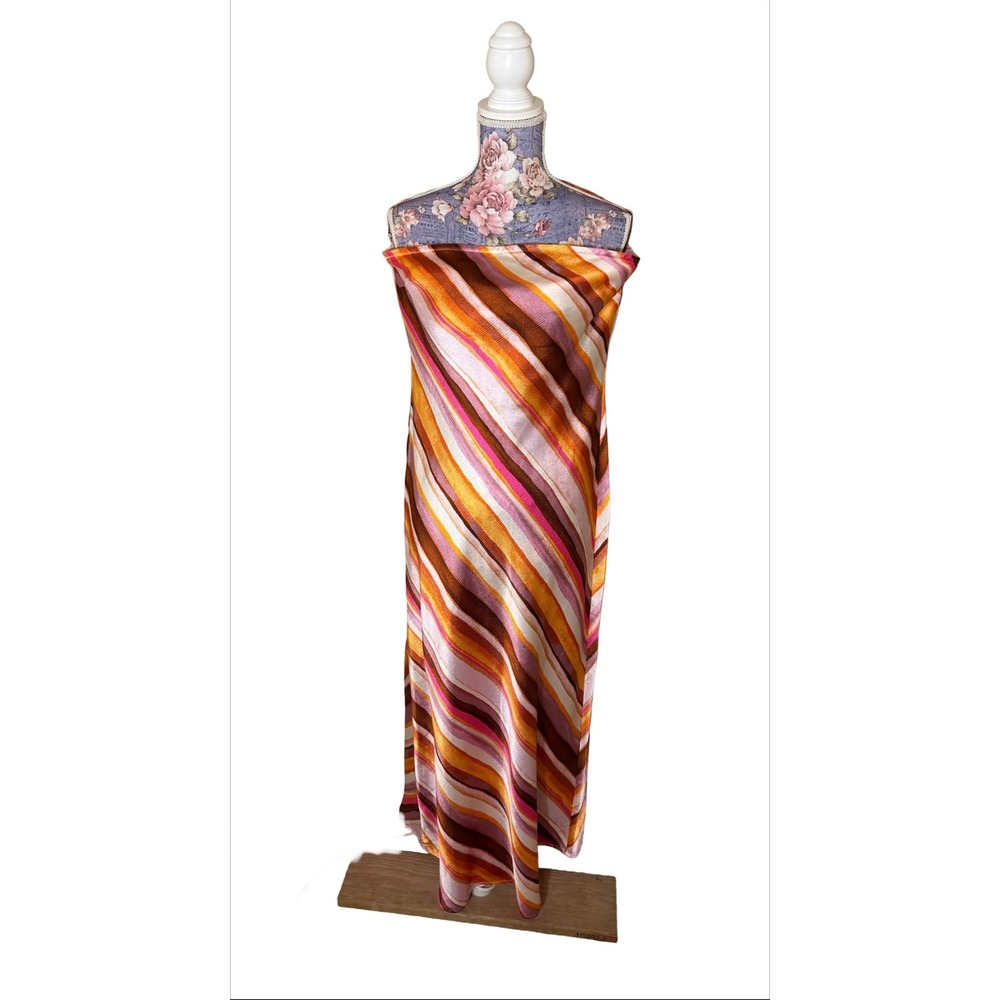 Forever 21 Striped Satin Cowl Neck Maxi‎ Slip Dress Orange Pink Brown Size Large